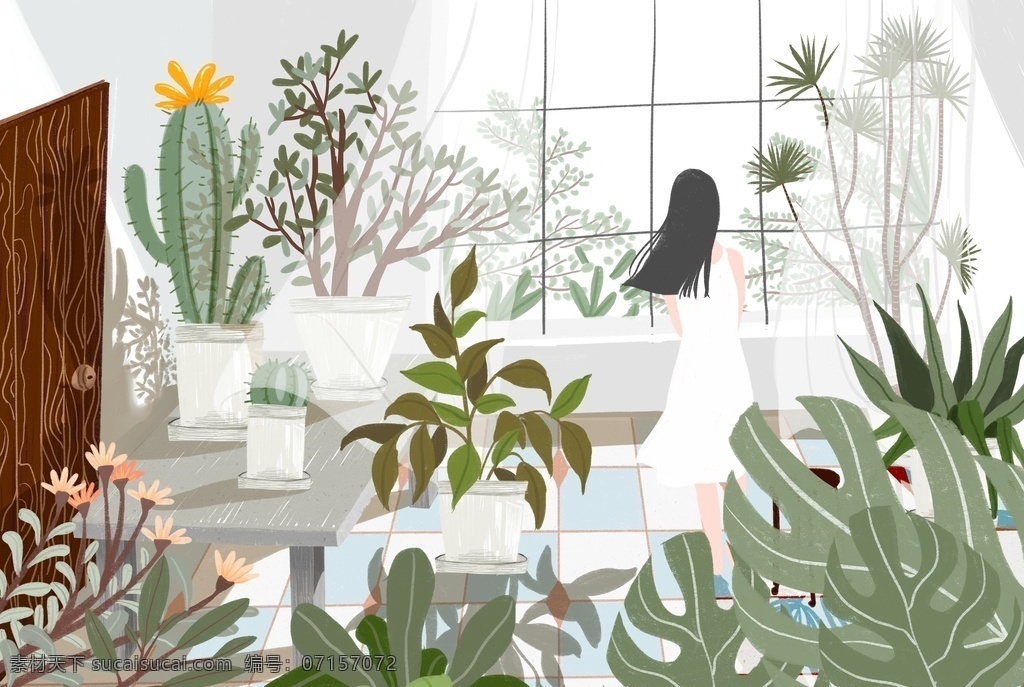 插画 手绘植物 插画植物 小清新插画 插画女孩 女孩
