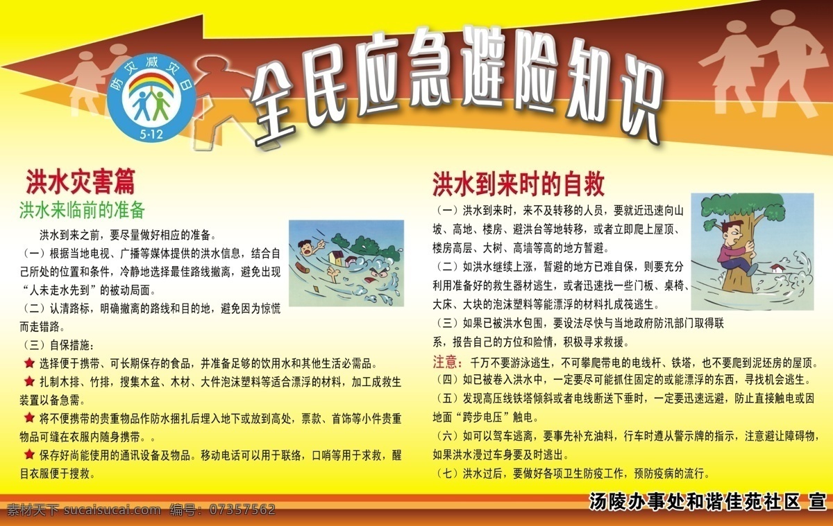 广告设计模板 教育 全民 应急 源文件 展板模板 知识 准备 自救 避险 模板下载 洪水灾害