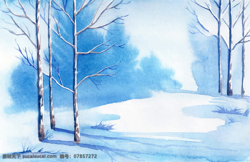 冬季 雪景 插画 广告 背景 冬季雪景 冬天 海报 模板 平面 矢量 树木 水彩画