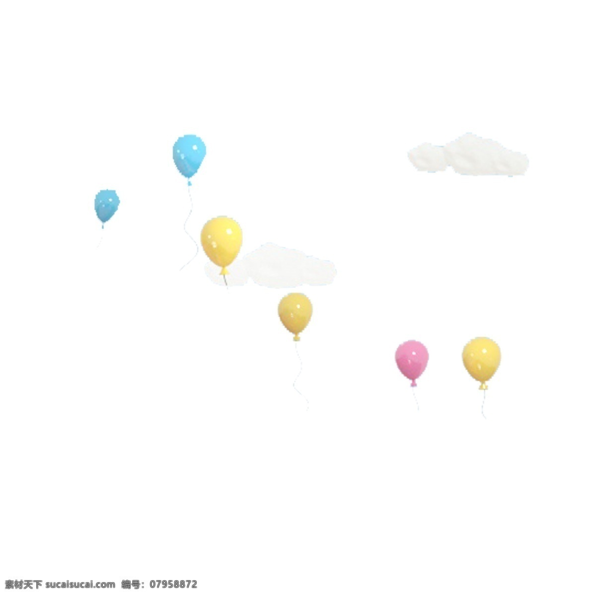 彩色 光泽 气球 元素 圆润 纹理 装饰 白色 云朵 漂浮 质感 浪漫 卡通插画 可爱 高光 悬挂