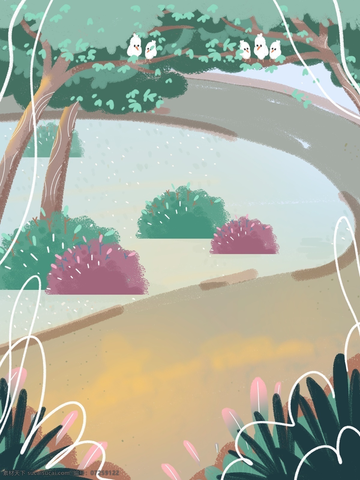 唯美 小 清新 森林 小路 插画 背景 绿色背景 唯美背景 树林背景 森林背景 广告背景 背景素材 植物背景