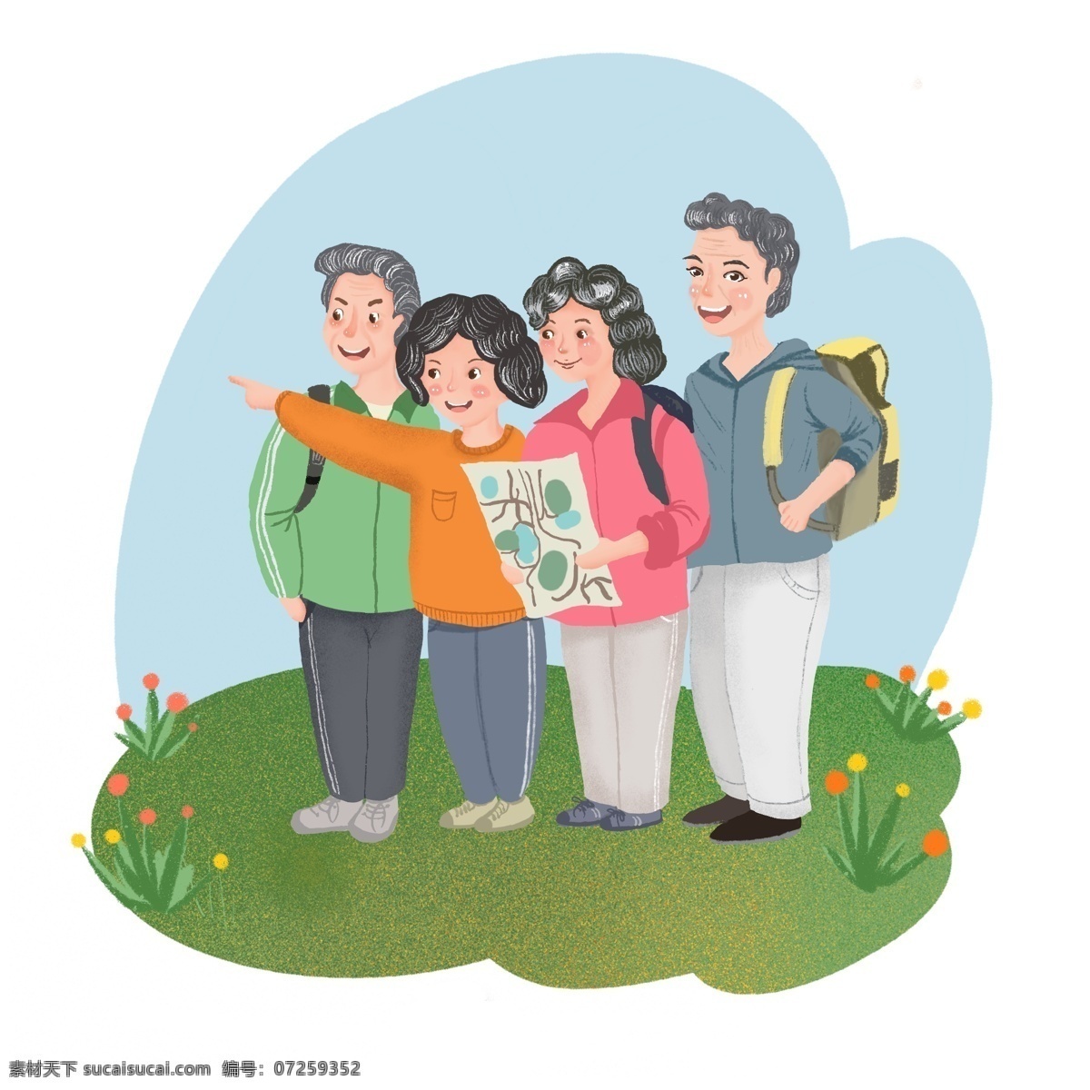 老年人 出游 旅游 元素 老人 老年人旅游 登山 登高 重阳节 老人游 老头 老太太 卡通人物 人物 卡通老年人 春游 秋游 花 天空 草地 蓝天 地图 人物出游 爸爸 妈妈 背包 服饰 畅游 游玩 效果元素