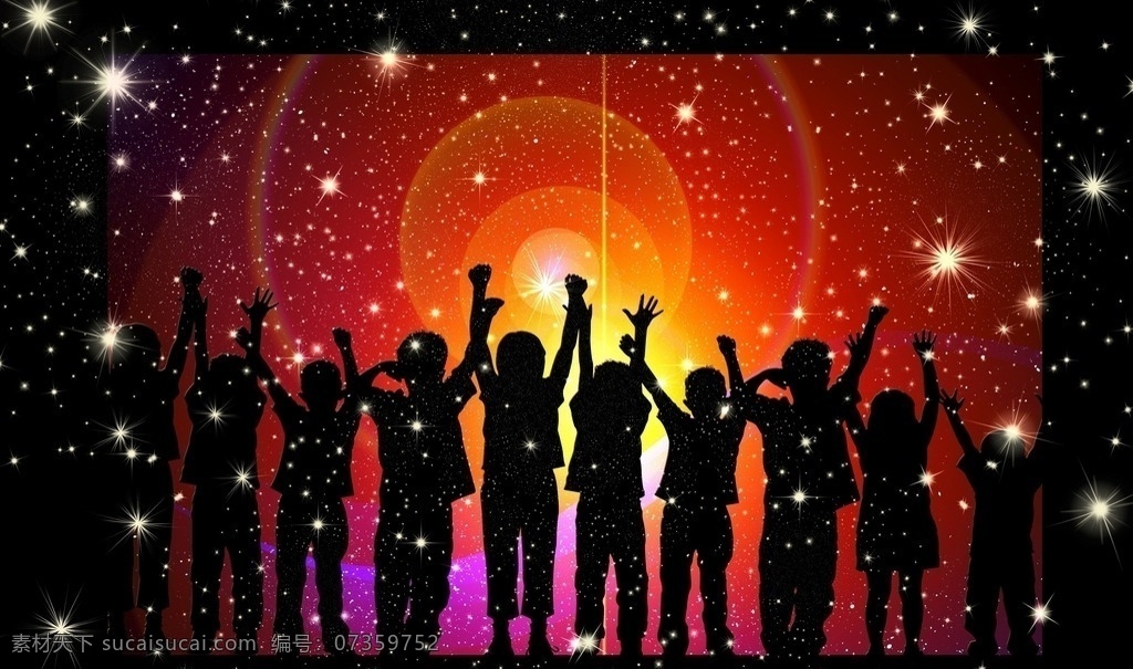 星光 背影 儿童 剪影 红色 圣诞 喜悦 光 假期 欢呼 文化艺术 舞蹈音乐