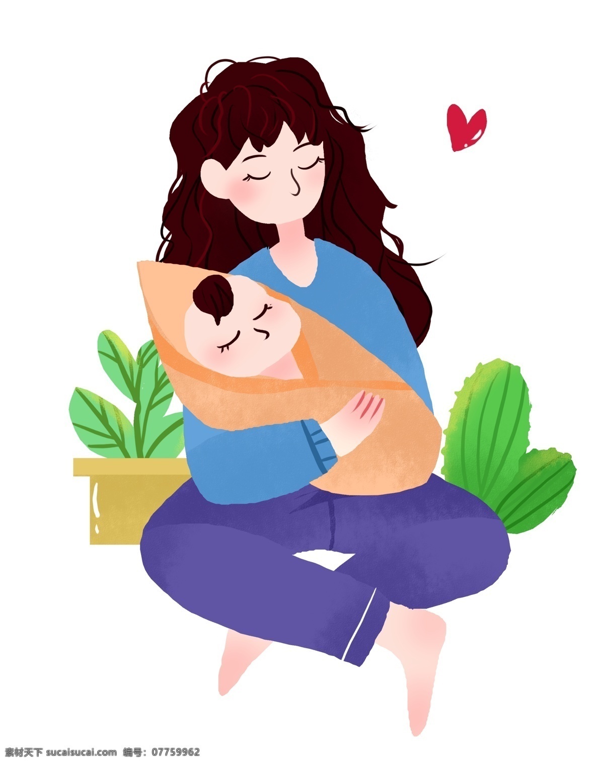 抱 孩子 小女孩 母亲节 人物 插画 女孩 可爱的婴儿 漂亮的小女孩 绿色的叶子 植物装饰