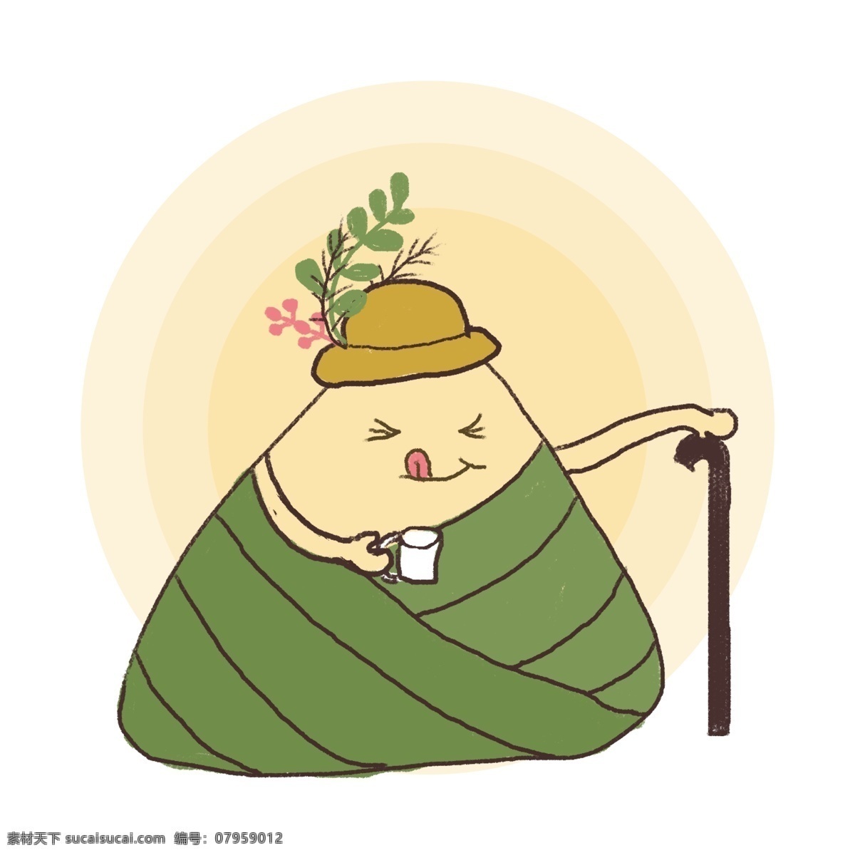 端午节 喝茶 粽子 粽子节 拐杖 美味 植物 海报 吐舌头 戴帽子 假期 饮茶 舒适