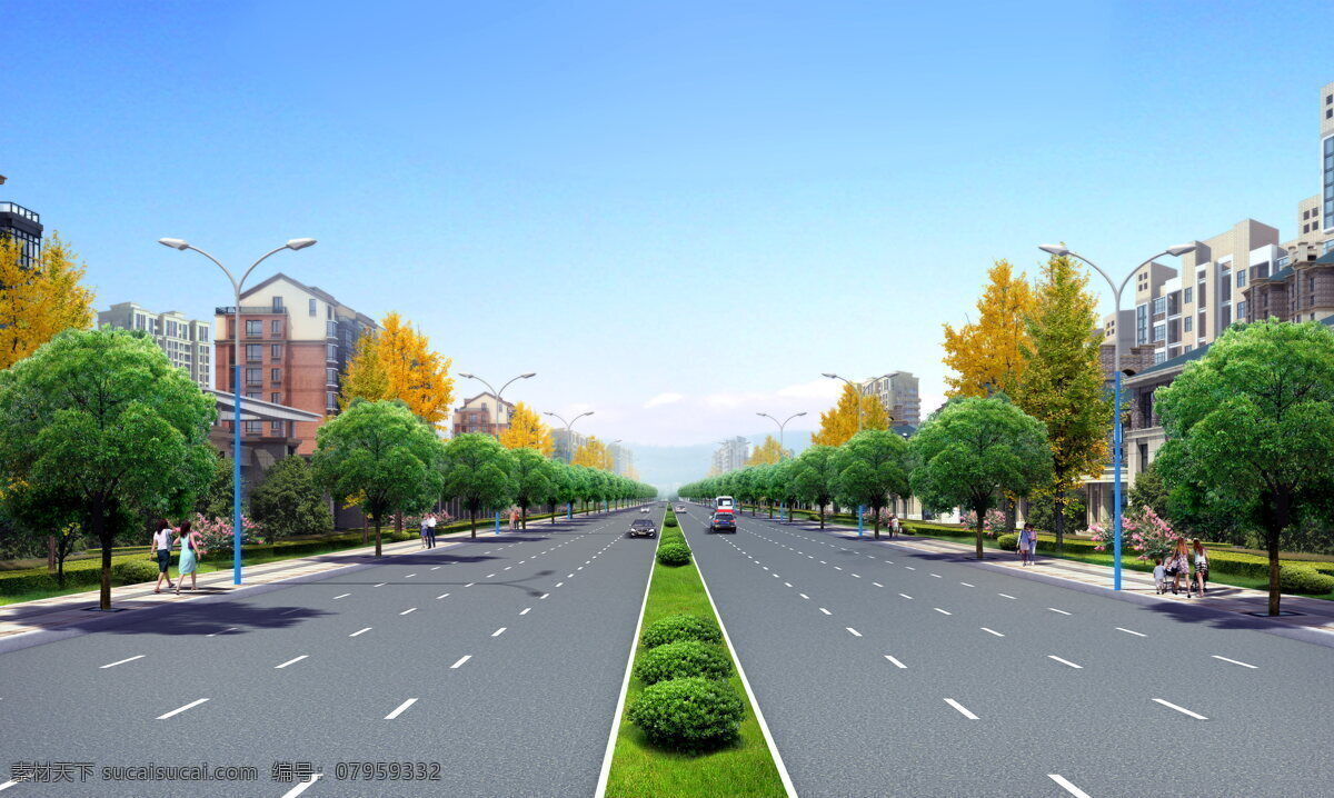 公路效果图 城市公路 效果图 双向四车道 城市 绿化带 房屋 新城规划 景观设计 环境设计
