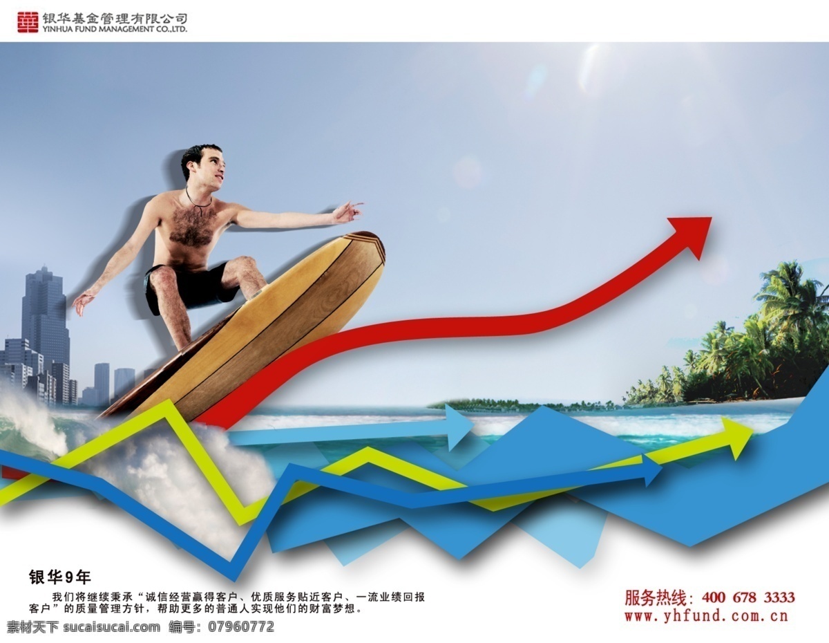 银华基金海报 金华基金 股票 冲浪 趋势 向上 滑板 城市 海边 箭头 股市 浪花 男人 广告设计模板 源文件