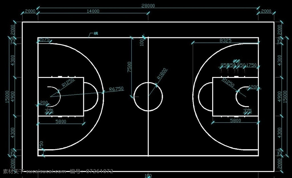 国际标准 篮球场 标准篮球场 带尺寸 施工图 尺寸图 dwg