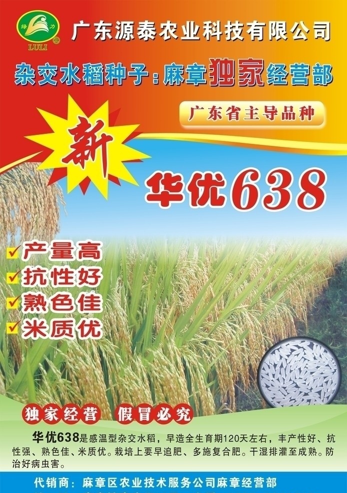 湛江 泰源 农业科技 有限公司 水稻海报 华优638 产量 高 杂交 水稻种子 广东农业水稻 矢量
