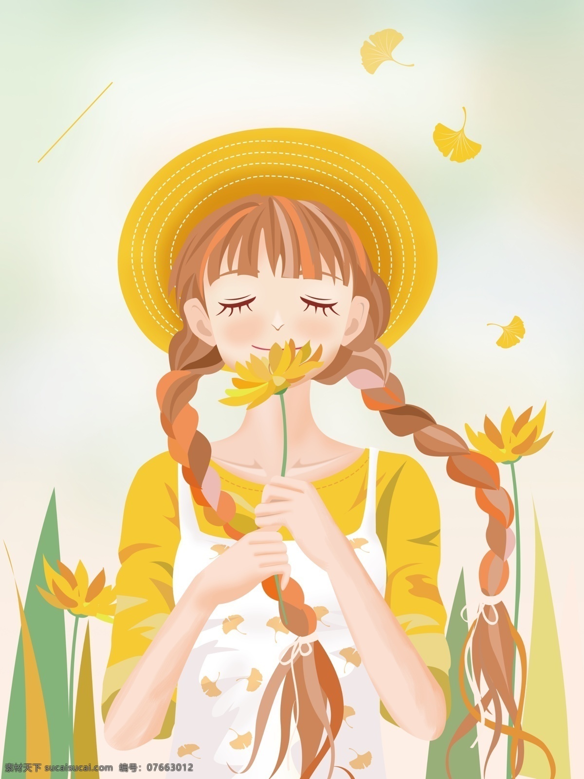 可爱 戴帽子 小姑娘 广告 背景 广告背景 花朵 帽子 少女 花瓣 雏菊 盛开 麻花辫