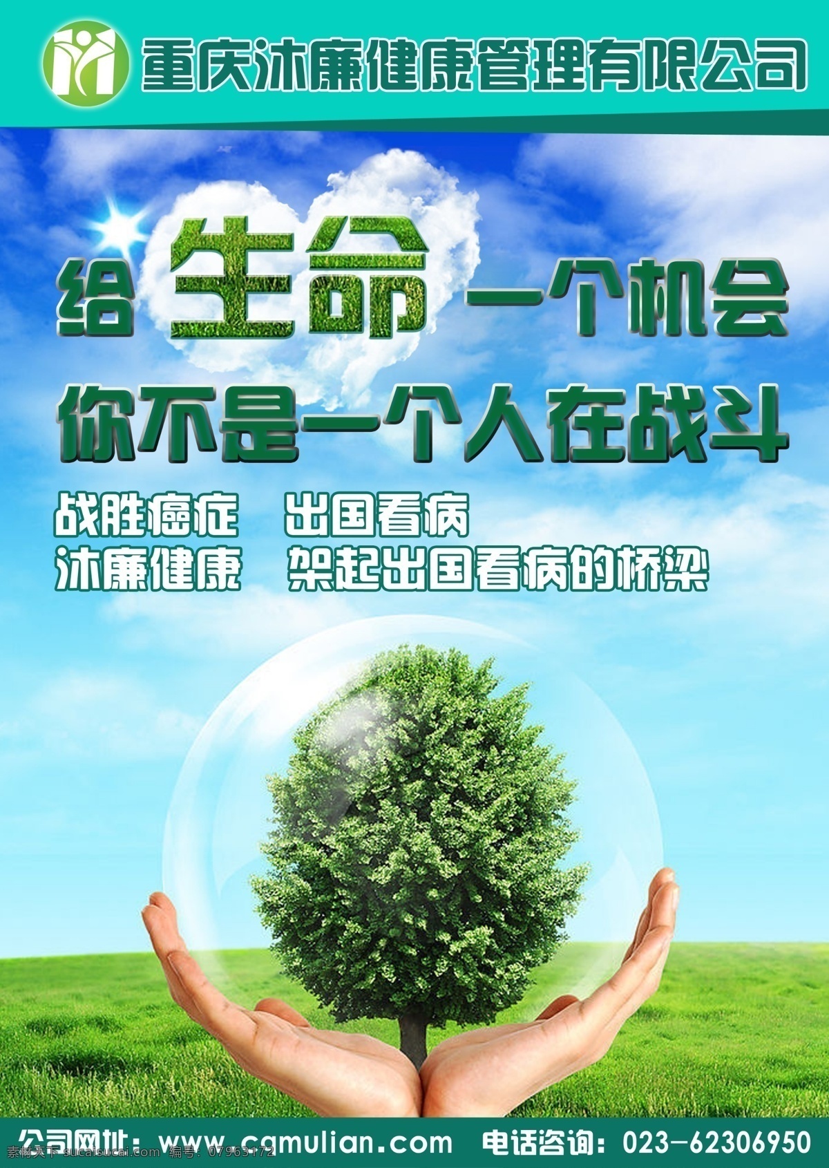 医院传单正面 生命 绿树 双手 托举 蓝天 白云 绿地 dm宣传单