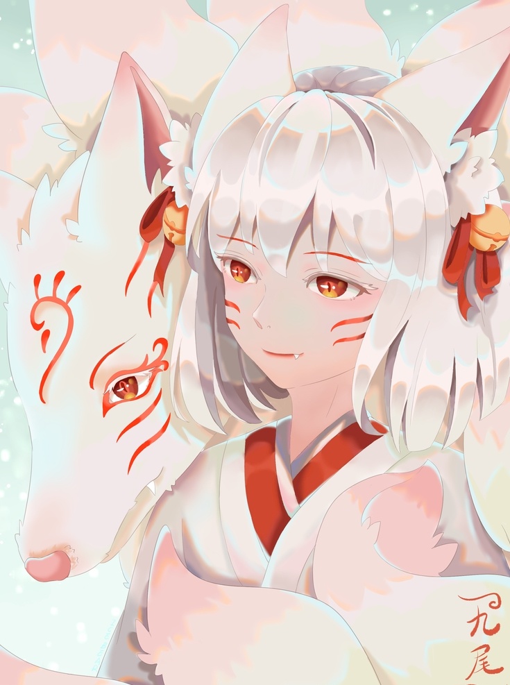 国潮 手绘 插画 山海经 九尾