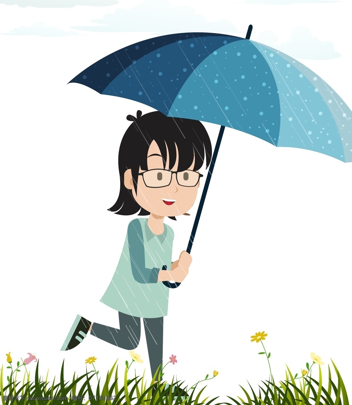 手绘 下雨 打伞 孩子 矢量 免 抠 图 卡通的 蓝色 浅蓝色 雨季 雨中的人 雨中打伞 奔跑的人 植物 花草 海报 插画
