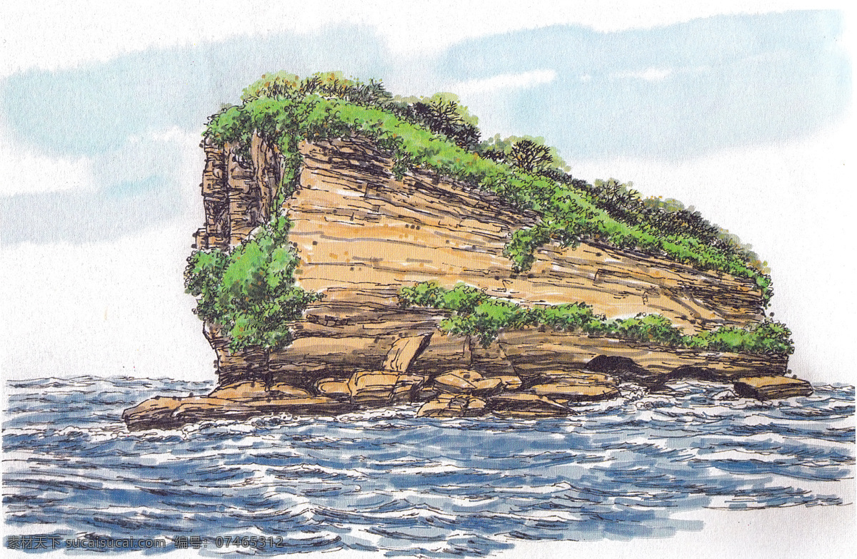 风景画 钢笔画 海面风景 海水 绘画书法 水彩风景 水彩画 海面 风景 设计素材 模板下载 硬笔淡彩 钢笔水彩 海上岩石 海岸礁石 装饰风景 装饰画 文化艺术 家居装饰素材 山水风景画