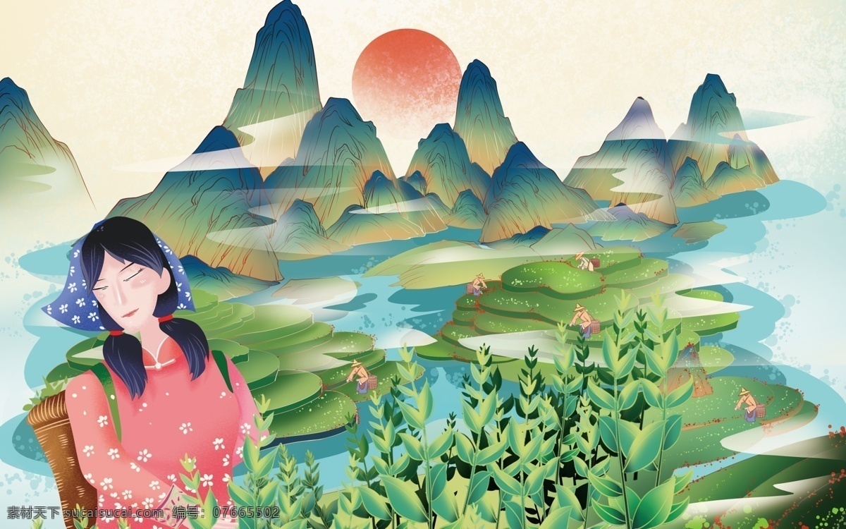 采茶女 茶 采茶人 茶叶 古风 茶文化 高潮茶文化 手绘茶园 采茶 采茶姑娘 分层