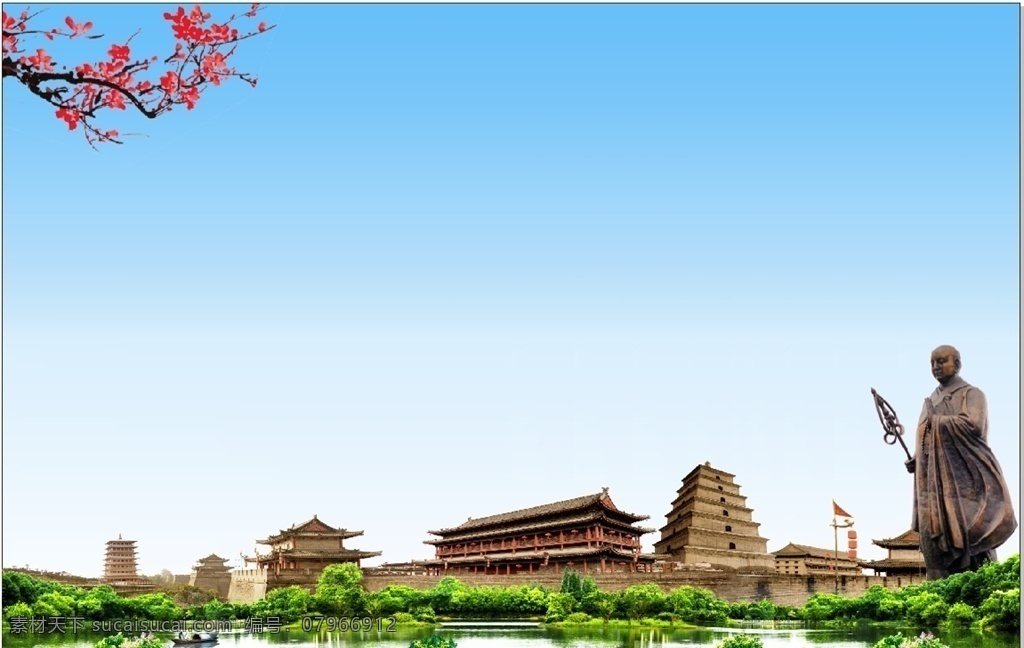 西安文化背景 西安 城楼 蓝色背景 西安文化 旅游
