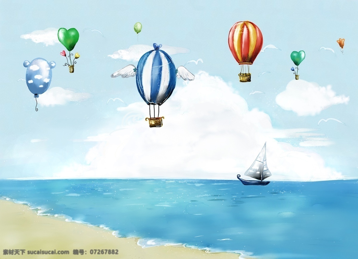 梦幻世界 梦幻色彩 热气球 帆船 大海 天空 云朵 分层 风景 精品 源文件库 300