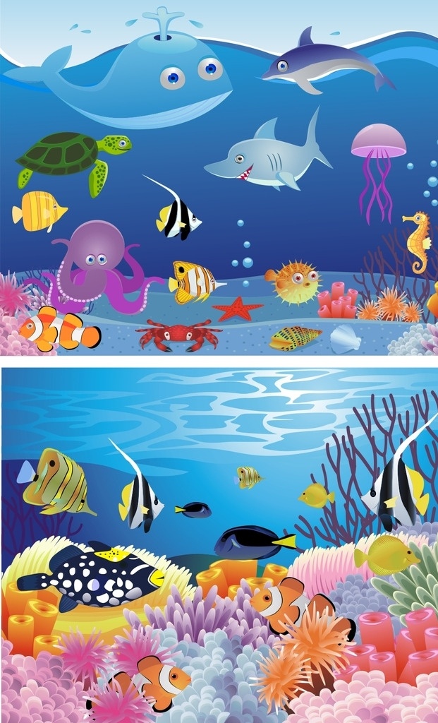 海底世界 海洋生物 海洋鱼类 矢量 儿童素材 卡通素材 矢量素材 可爱卡通 海洋馆 卡海底世界 水藻 卡通海洋 卡通海底世界 卡通 章鱼 乌龟 鱼 螃蟹 田螺 海螺 海底 水草 海洋 大海 浪花 云朵 白云 海水 星光 光晕 鱼类 电鳗 海龟 小丑鱼 热带鱼 寄居蟹 珊瑚 海浪 插画