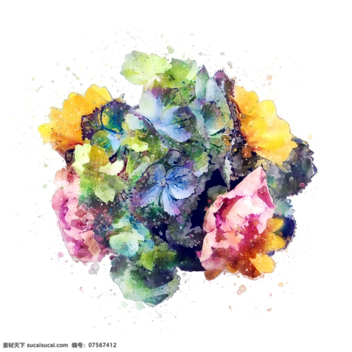 手绘 团 绣 球花 彩色 植物 花卉 水彩 元素 原创 黄色 绣球花 粉色 手绘元素 水彩元素 植物元素