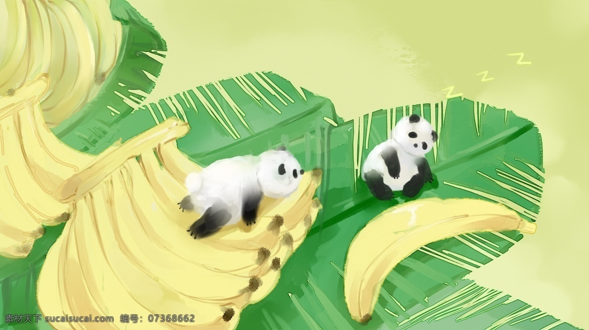 香蕉 熊猫 可爱 水彩 手绘 插画 小清新 动物 水果 团子