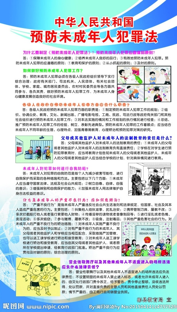 预防 未成年人 犯罪法 中华人民 共和国 预防未成人 学生 老师 学校 自我防范 卡通 警察 不良行为 法律责任 卡通画 漫画 家长 展板 展板背景 制度背景 蓝色制度背景 蓝色 宣传知识背景 展板模板
