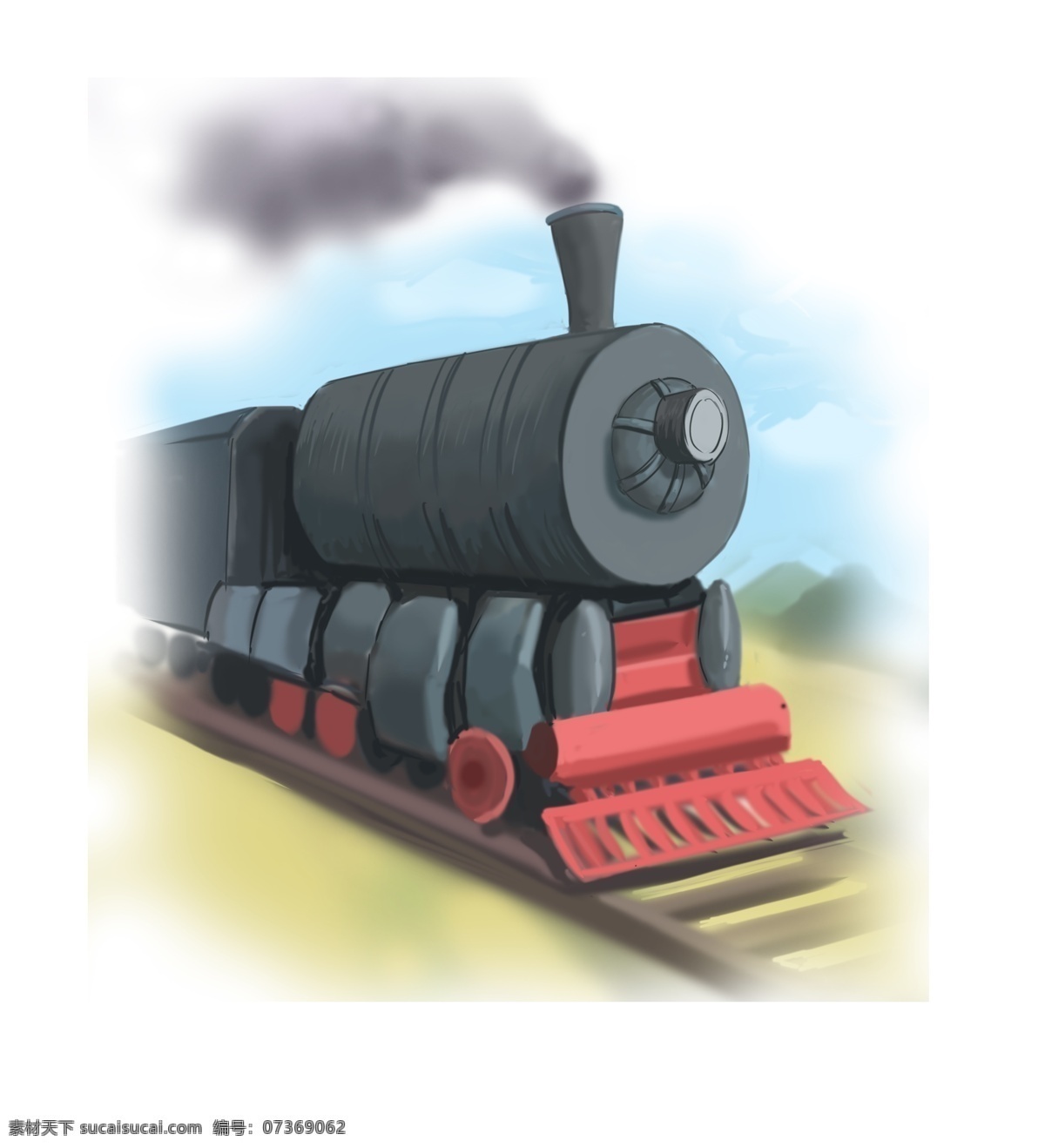火车 主题 火车头 漫 画风 交通工具 铁轨 烟囱 烟雾 列车 黑色 草地 蓝天白云 卡通风格 手绘