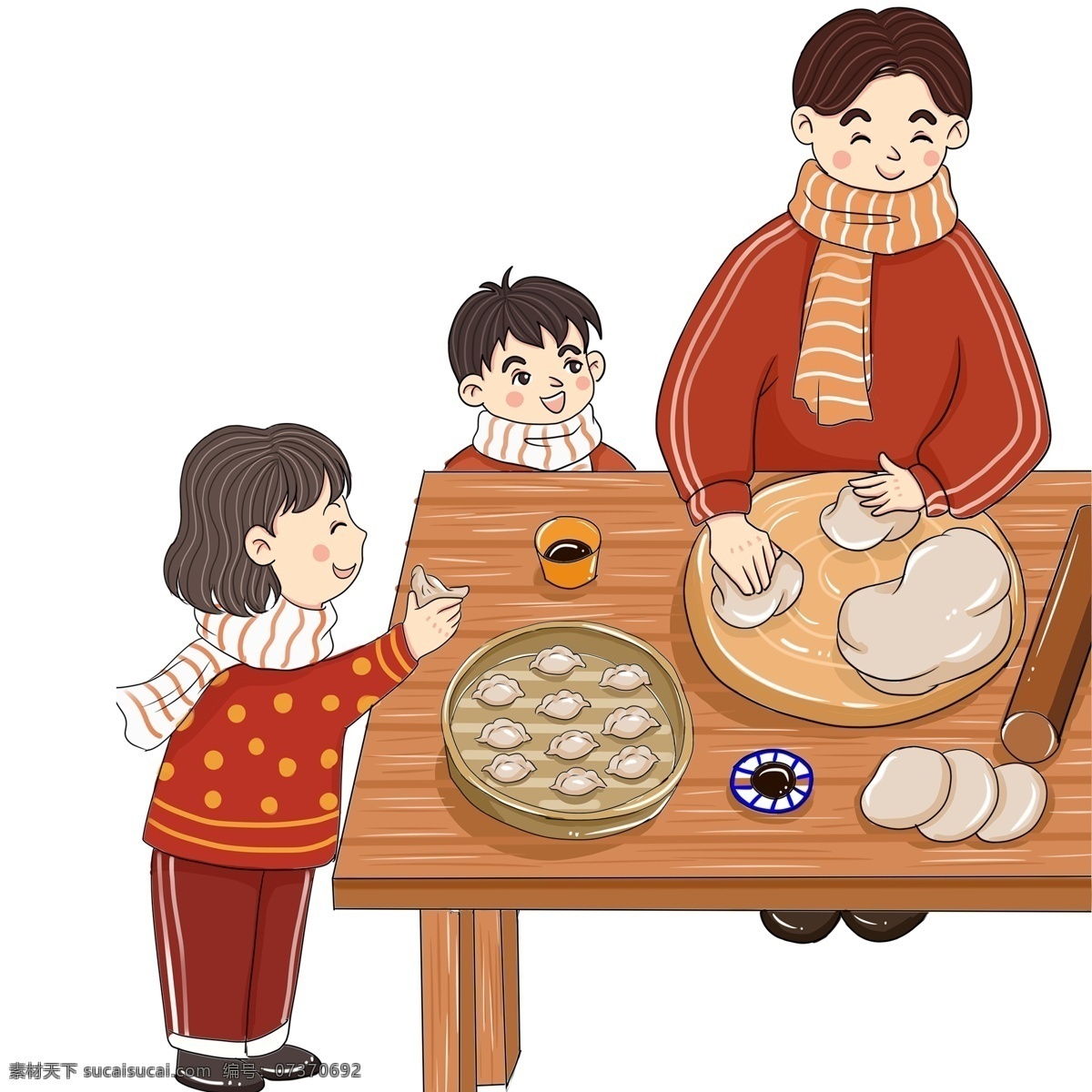 彩绘 过年 一家人 包 饺子 插画 人物 春节 过年包饺子 父母 儿子 包饺子 温馨设计