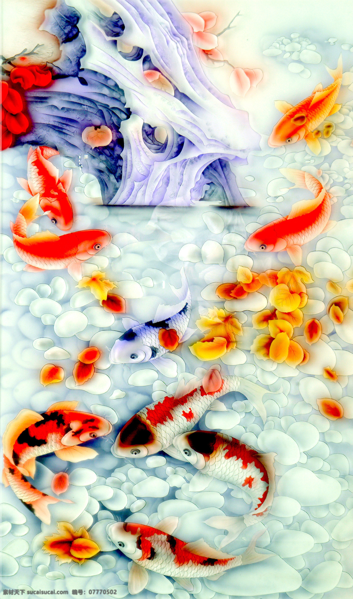 鱼 鲤鱼 鱼群 树叶 石子 壁画 绘画 艺术 效果图 绘画书法 文化艺术