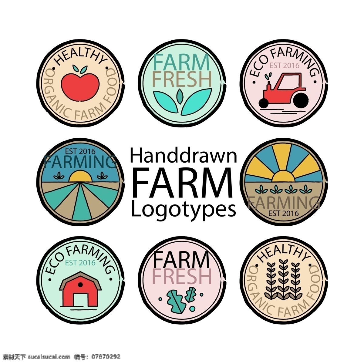 手绘 农场 标志 设计素材 圆形 苹果 拖拉机 农田
