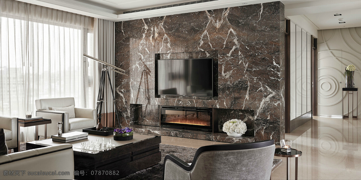 美式 客厅 电视 背景 装修 效果图 白色灯光 壁画 方形茶几 灰色窗帘 浅黄色地板砖