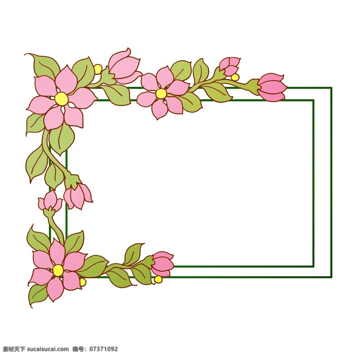 卡通 紫色 花边 相框 插图 长长的花瓣 长长的树枝 粉色的花瓣 绿色的叶子 粉色的花朵 绿色的相框 相框装饰