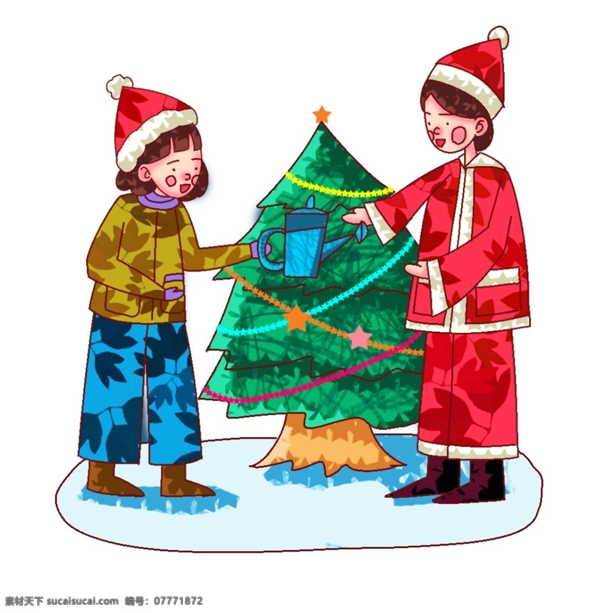 手绘 圣诞节 情侣 传递 物品 女孩 雪地 冬天 圣诞树 卡通 温馨圣诞 男孩 圣诞帽 大衣 圣诞服饰 花洒 靴子 小星星 线描