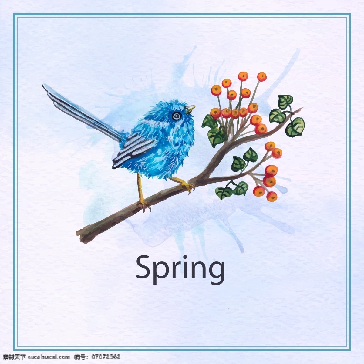彩绘 春季 花枝 上 蓝色 鸟 矢量 彩绘春季花枝 蓝色鸟 文化艺术 绘画书法