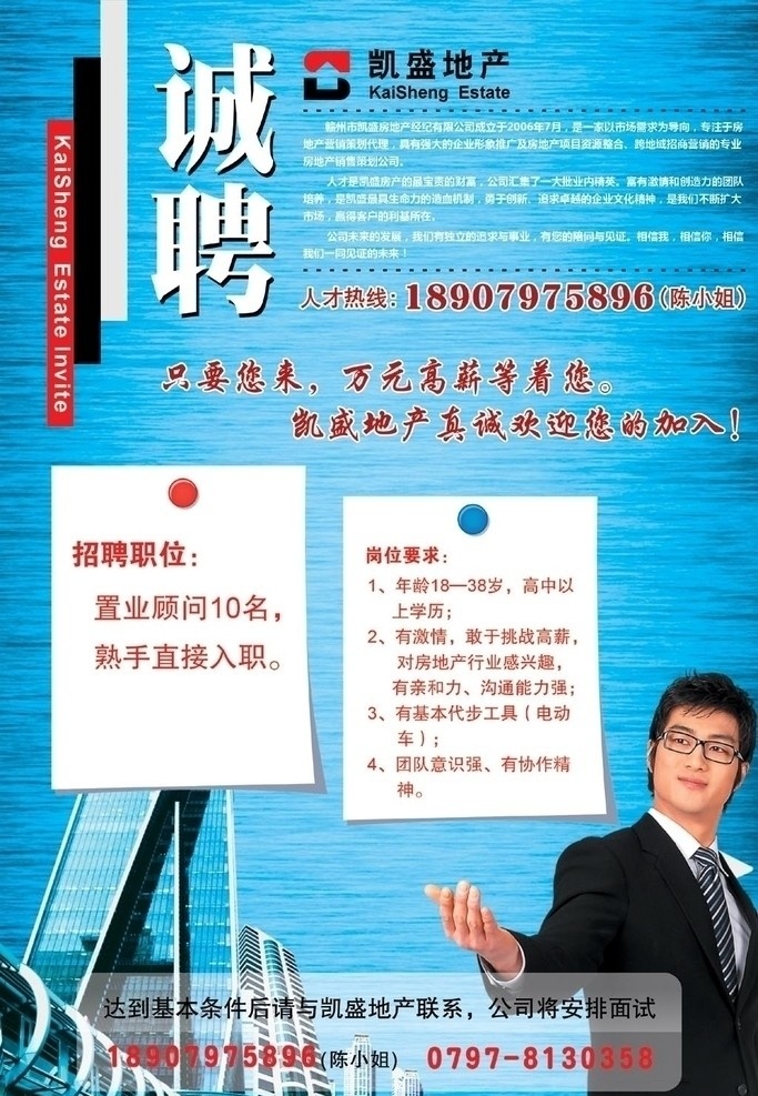 凯盛地产招聘 凯盛地产 房产 招聘 诚聘 拉丝底纹 楼房 图钉 帅哥 商务人士 招聘广告 海报 矢量