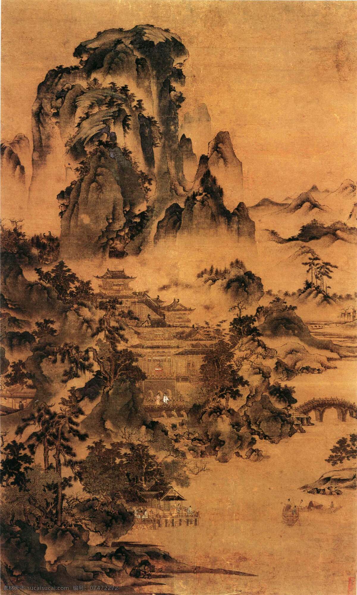 古典 中国画 山水 风景画 房子 古代 国画 人物 水墨 家居装饰素材