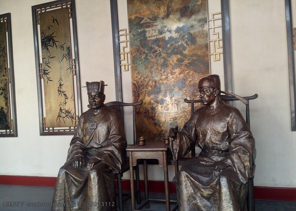 坐 两位 古人 古人铜像 铜像 范仲淹 滕子京 岳阳楼 湖南岳阳 人文景观 旅游摄影