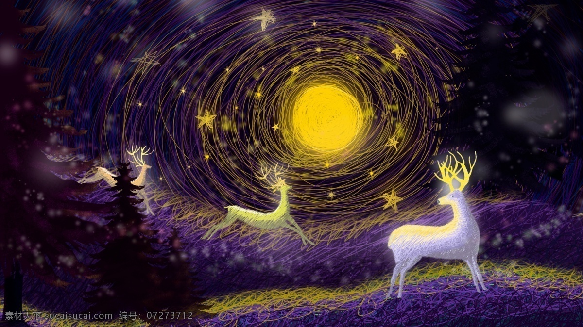 林 深 时见 鹿 治愈 系 追逐 森林 奔跑 星空 紫色 月亮星星 治愈系 线圈