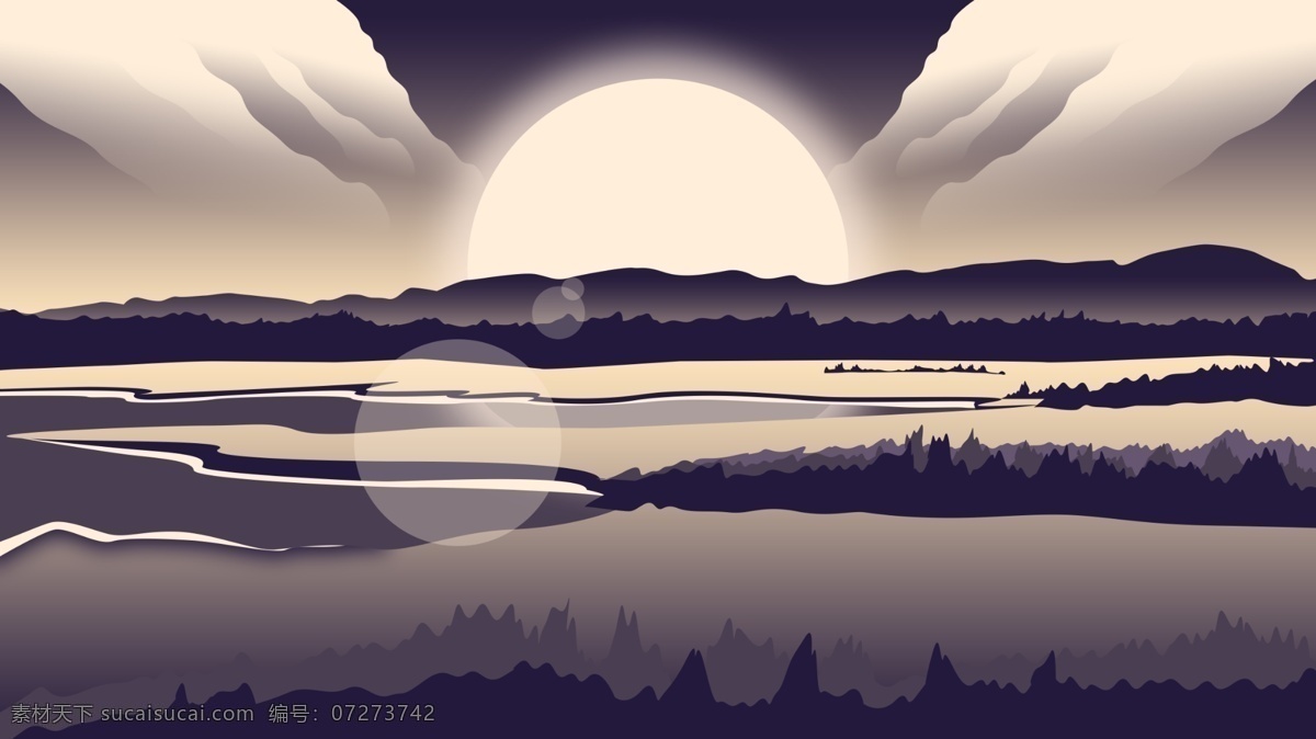 原创 插画 早安 你好 秋天 早晨 风景 树林 太阳 光 地面 清晨 山 河
