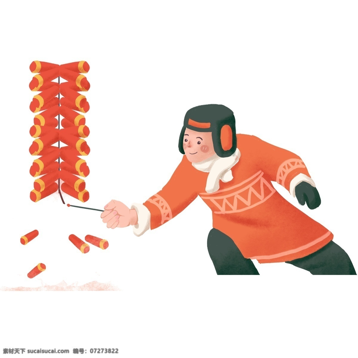手绘 放 鞭炮 男人 人物 插画 放鞭炮 过年 卡通设计 东北男人