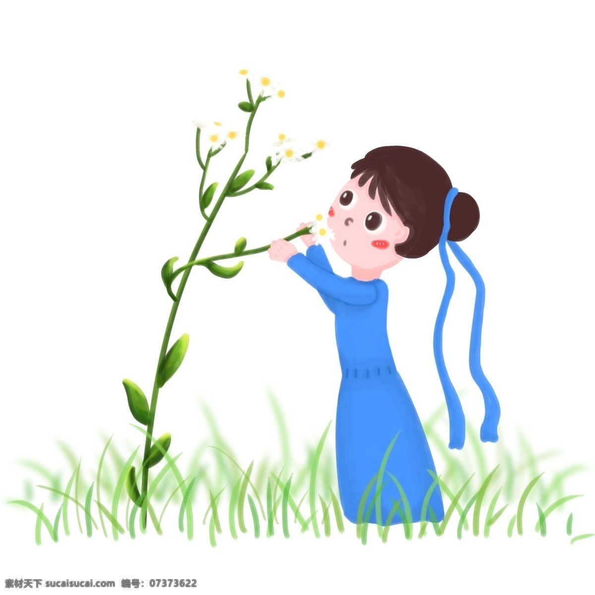 插 画风 蓝 裙 女子 花 植物 插画风 蓝裙 草 草地 树叶 树枝 百花 花朵 女孩 古装 可爱 春 春天 春季