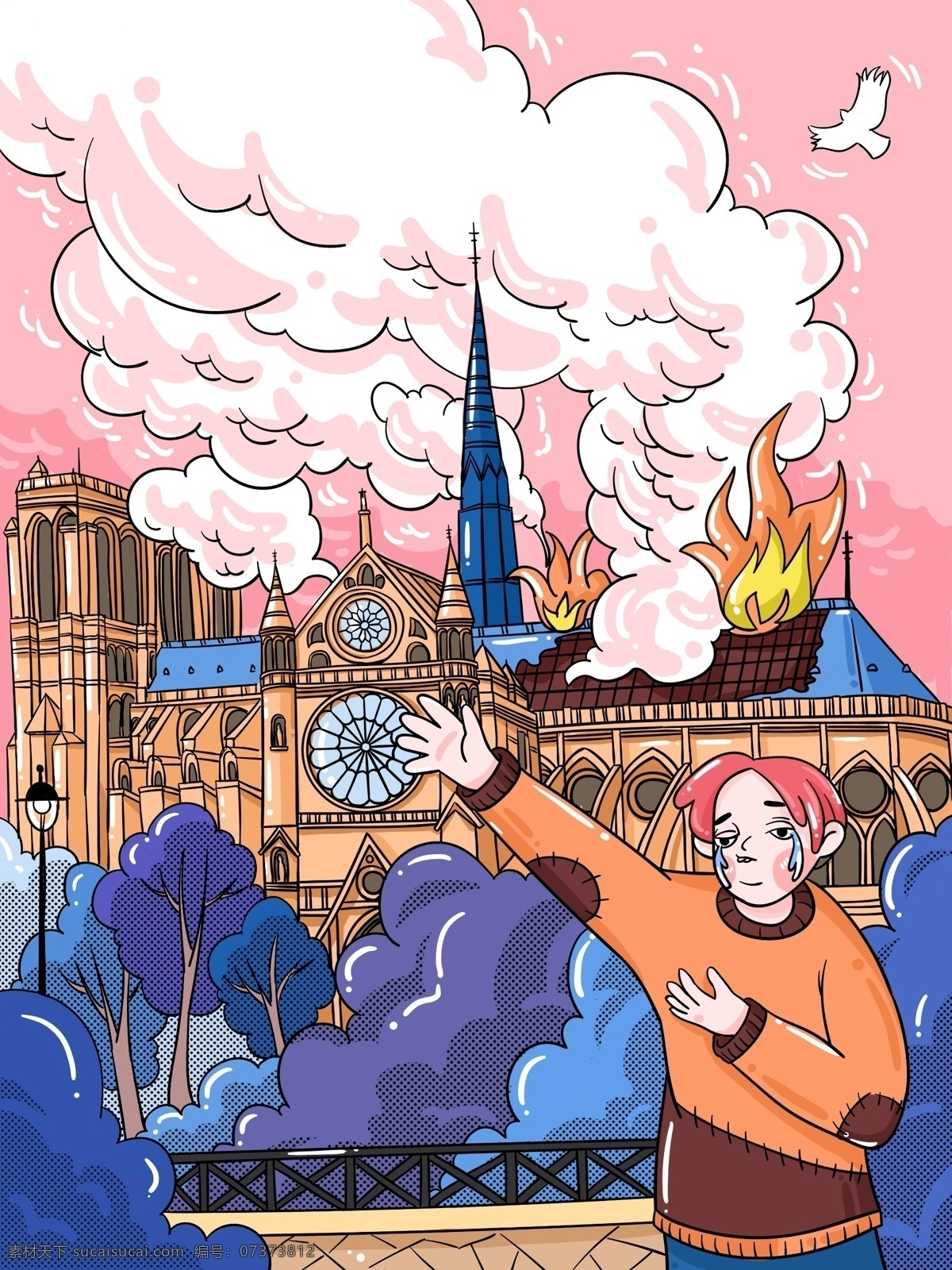 巴黎圣母院 失火 惋惜 卡西莫 钟楼 插画 教堂 火灾 卡西莫多