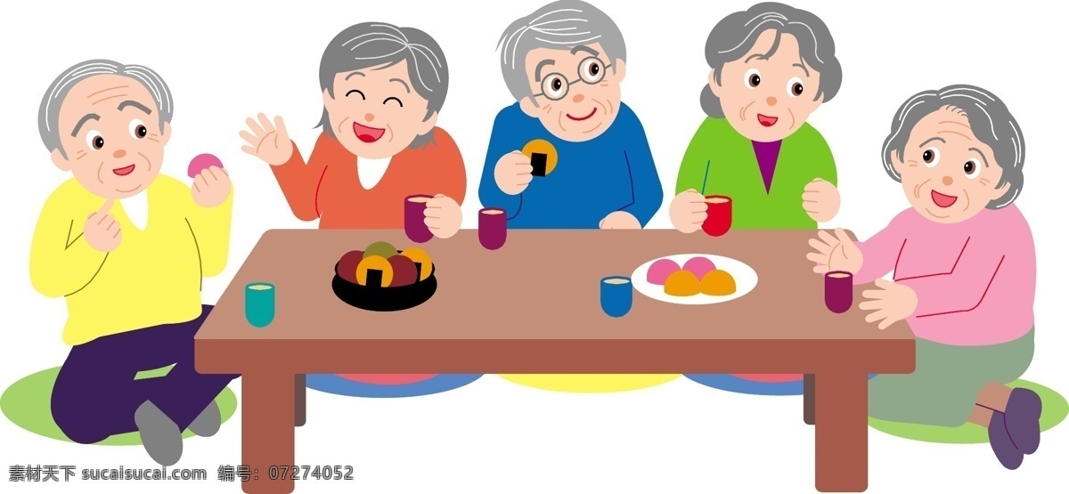 卡通老年人 高清 矢量 老人 吃饭 聊天 白发 肉 坐着