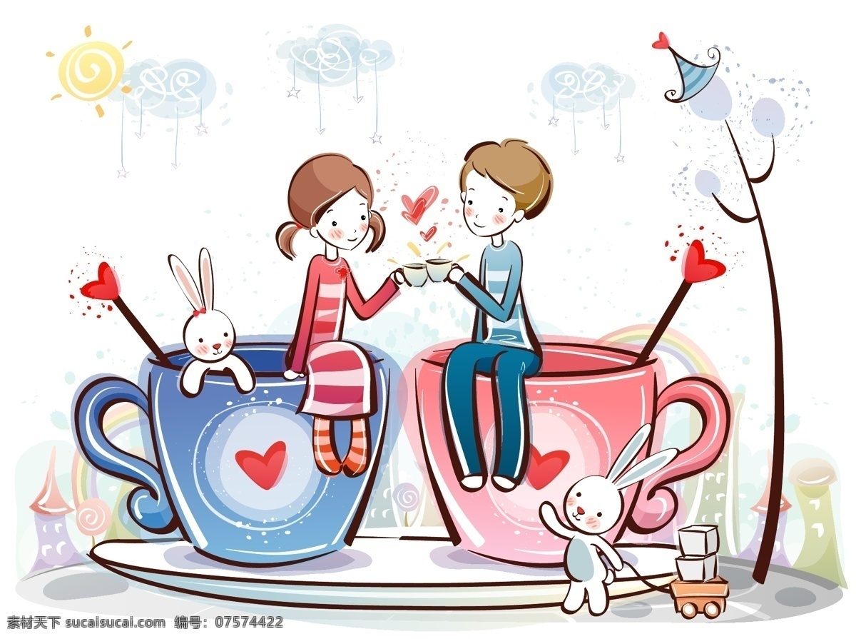 爱情 茶杯 卡通男孩 卡通女孩 可爱 恋爱 漫画 其他人物 情侣 卡通 矢量 模板下载 卡通可爱情侣 对饮 小兔 矢量人物 矢量图 其他矢量图