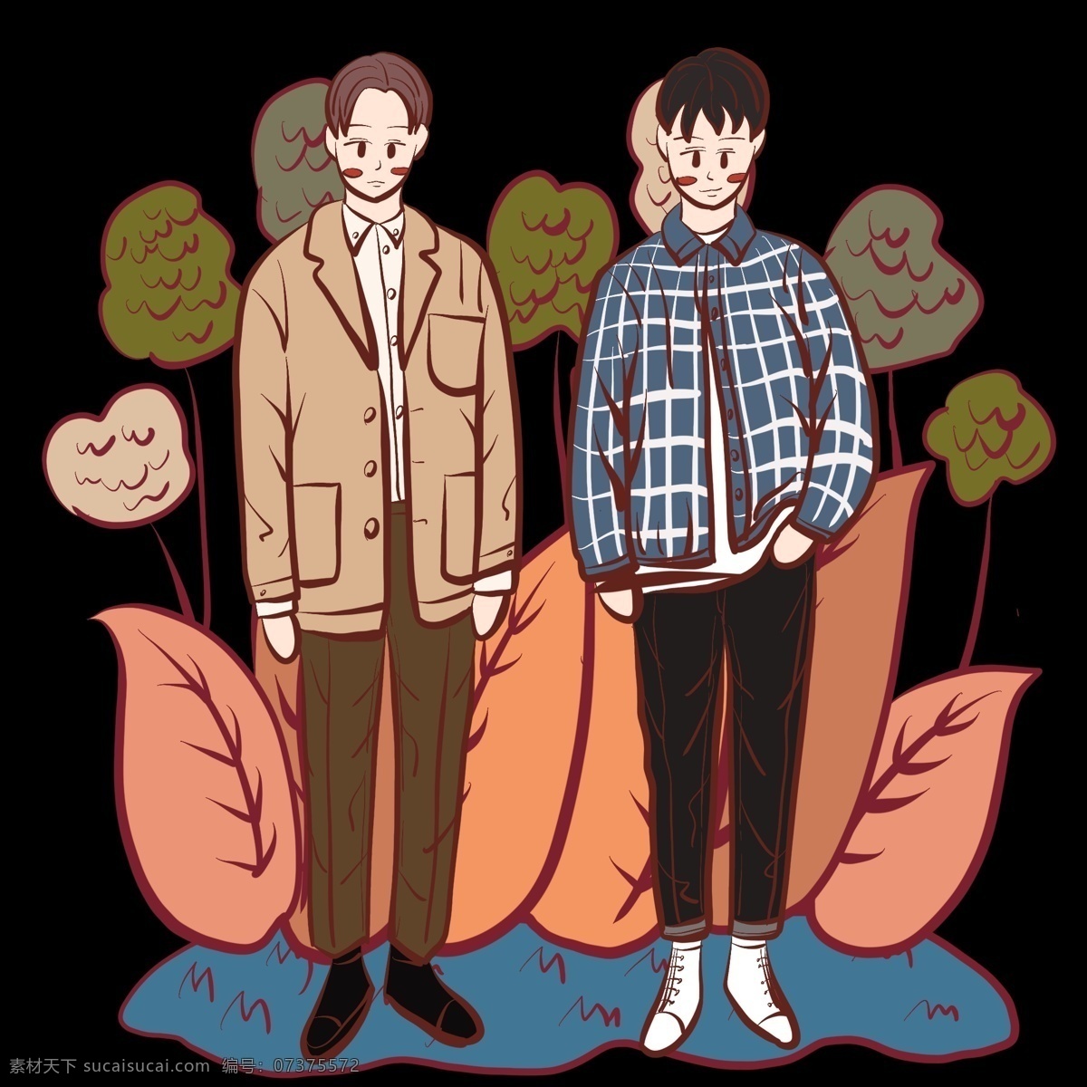 文艺 时尚 青年 潮 男 卡通 插画 男性 时尚潮男 秋冬季 服装 穿 搭 大衣 厚棉服 长款 手绘可爱植被 植物叶片草丛 双十二 电商 活动 小 手绘 漫画 形象