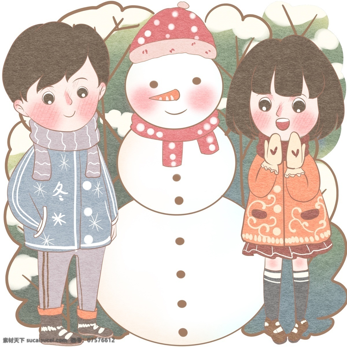 情侣 冬天 堆 雪人 开心 欢乐 儿童 插画 橘色 红色 白雪皑皑 冬季 短发女孩 蓝色外套 过膝袜子 灰色运动裤子 三重雪人 三克松树