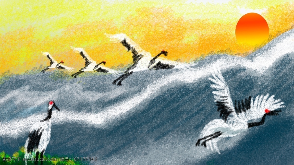 仙鹤山水画 太阳 夕阳 壁纸 插画 桌面 白鹤 山 树 日签 海报 飞翔