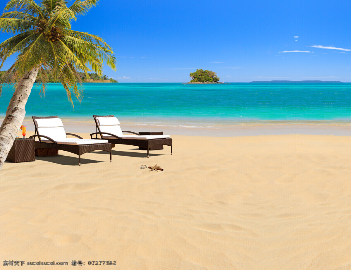 沙滩 上 太阳 椅 椰树 岛屿 太阳椅 蓝天 白云 大海 自然风景 自然景观 黄色