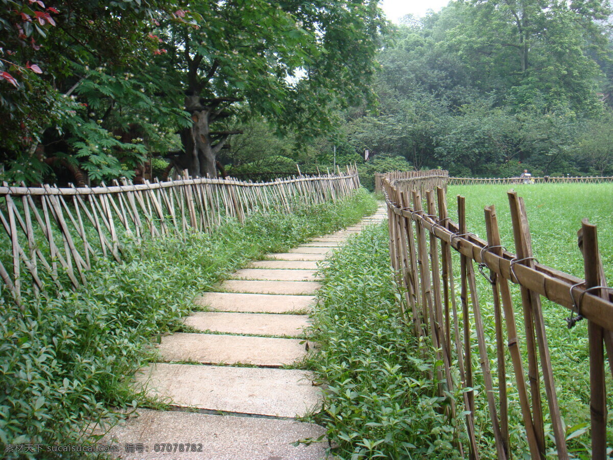 公园小径 园林 栅栏 树木 石板路 小草 园林美景 园林建筑 建筑园林