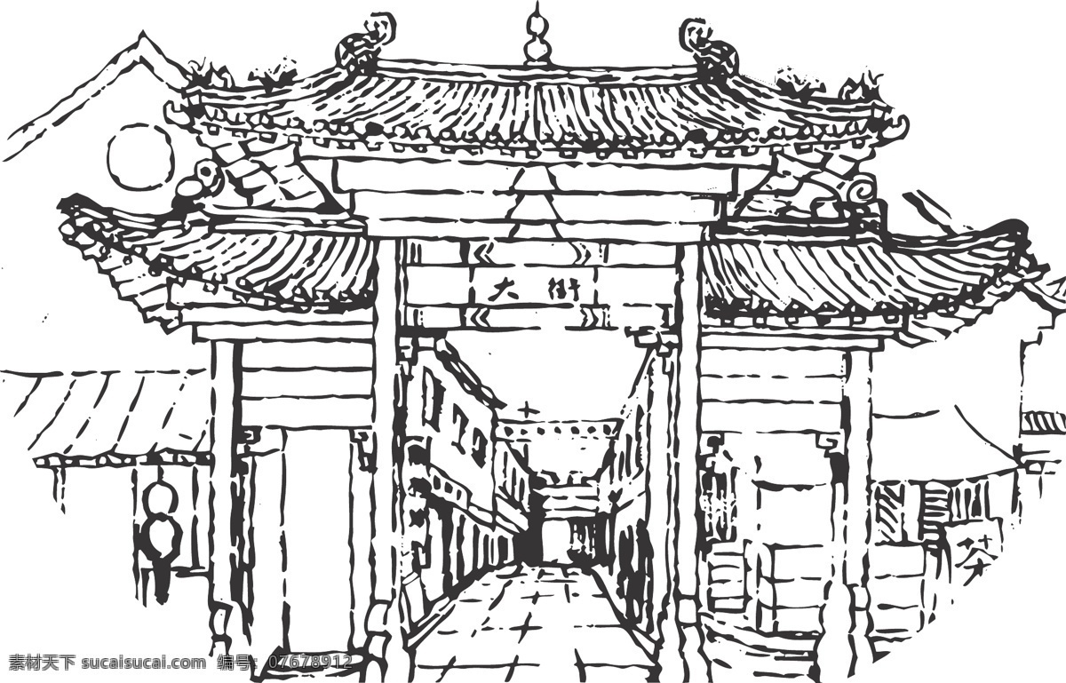 大街 周村 周村古街 大染坊 丝市街 旱码头 线描图 矢量 线描 包装 传统建筑 建筑家居