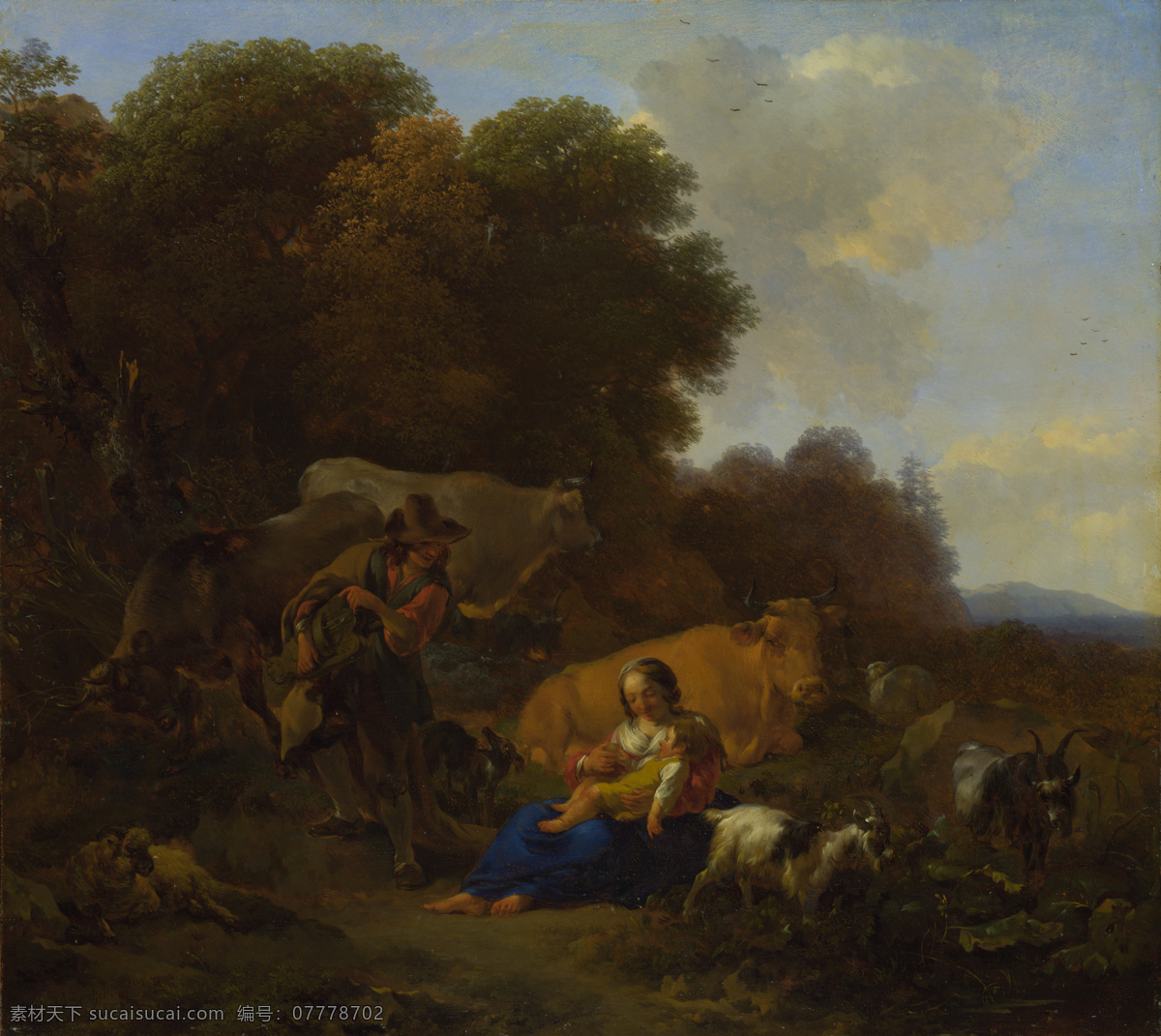child 大师 画家 古典 画 建筑 景物 装饰画 油画 and woman to hurdygurdy playing peasant a berchem nicolaes 人物 高清 西方 国外 现代 家居装饰素材